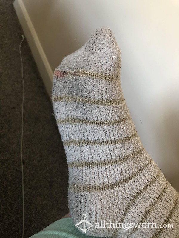 Worn Stained Striped Fuzzy Socks With Holes