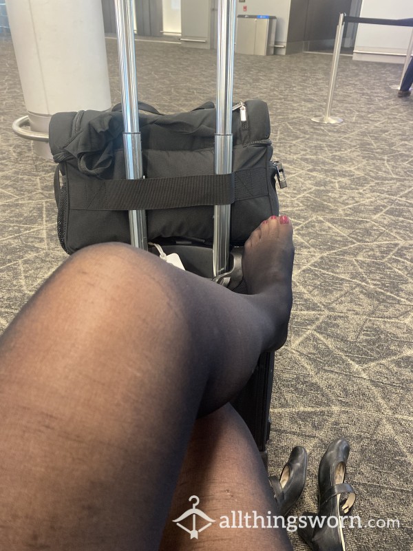Worn Well Black Flight Attendant Pantyhose Tights Hosiery Stockings For Your Dirty Little Sniffing Pleasure