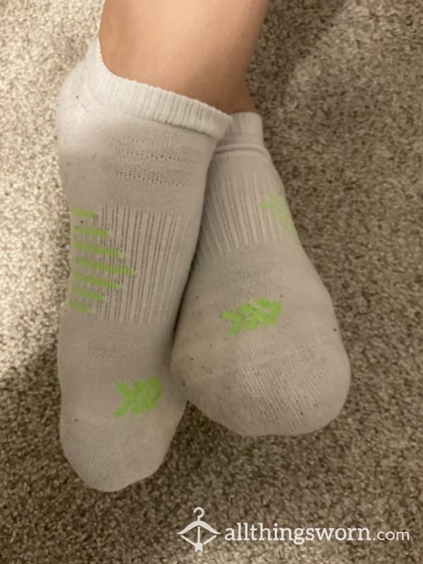 Worn White Ankle Socks With Green Design