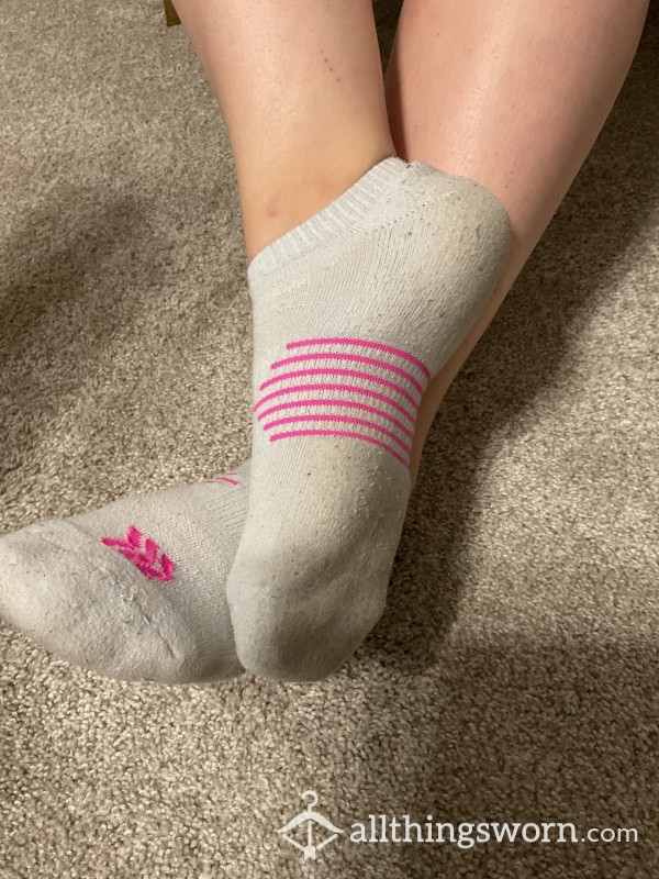 Worn White Ankle Socks With Pink Design