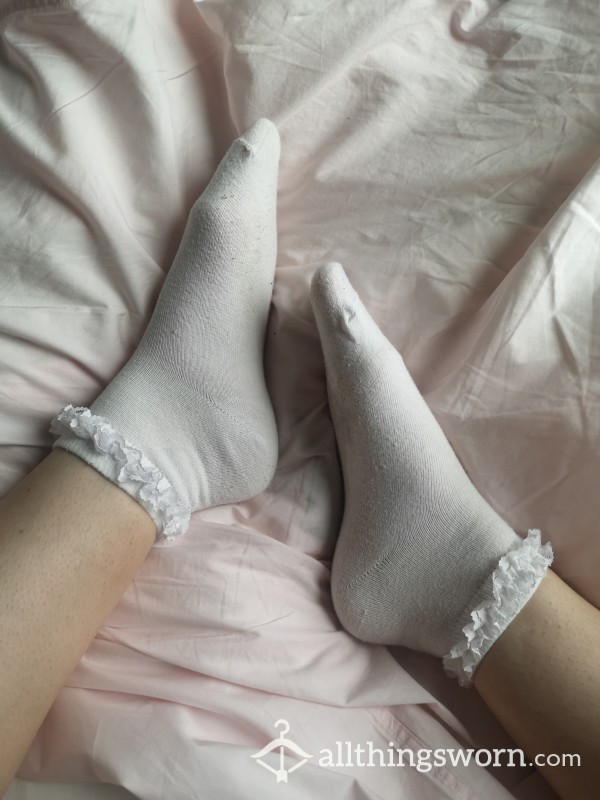 Worn White Frilly Ankle Socks - Super Cute