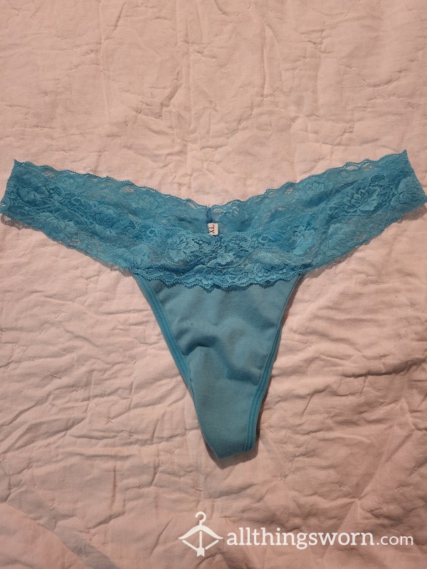 XL Blue Cotton And Lace Thong