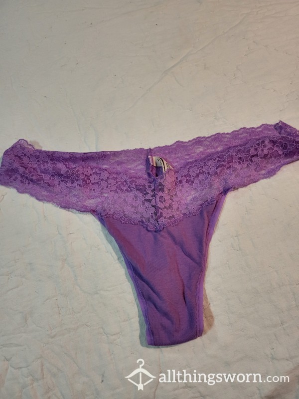 XL Purple Cotton And Lace Thong