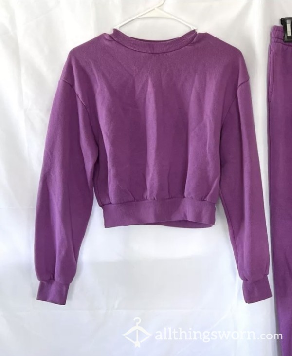 XS Cropped Purple Crewneck Sweatshirt With Bleach Stains