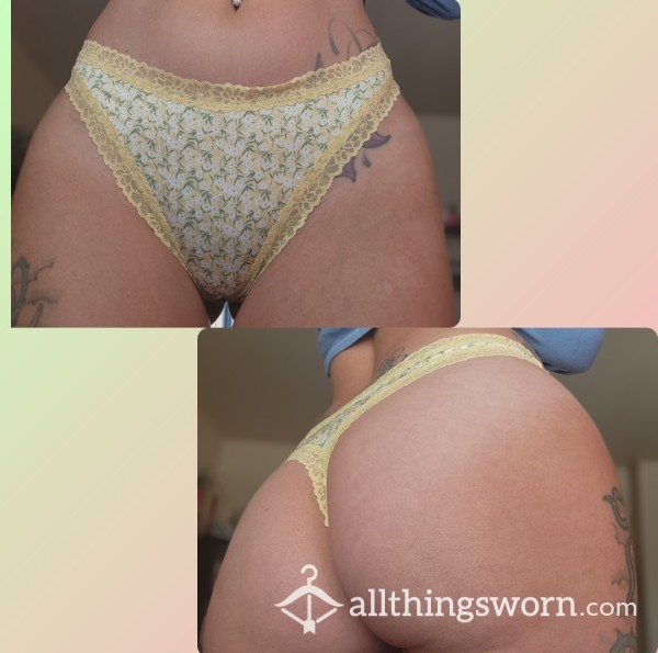 Yellow Cotton Flower Design Thong With Lace Trim! 💛 48 Hr Wear!