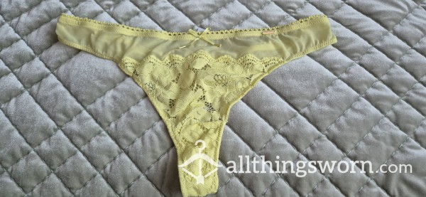 Yellow Lace And Mesh Thong Size 14