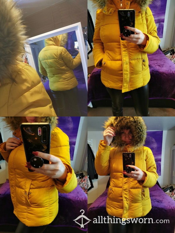Yellow Puffa Coat With Fur Trim Hood Size 12